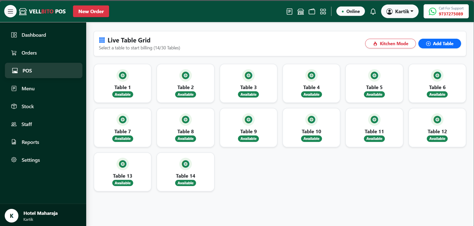 VellBito POS live table grid dashboard